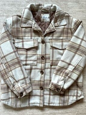 Hurley Plaid Shacket Jacket Cream Brown Button Up Quilted Lined Size XL